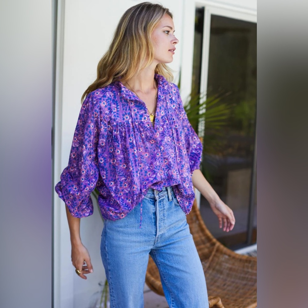 EMMALINE BLOUSE - VIOLET WILDFLOWER ORGANIC Peasant Balloon sleeve top